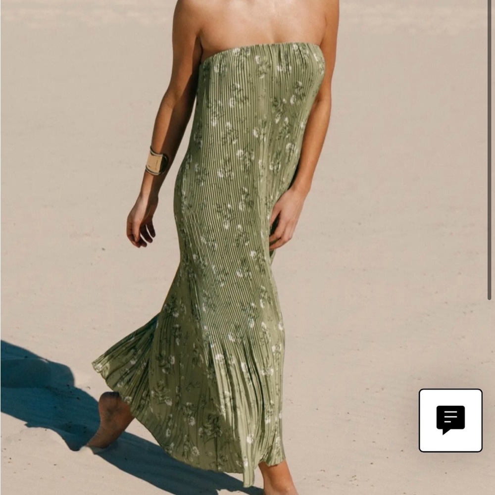 Petal & Pup Olive Green Strapless Pleated Maxi Dress